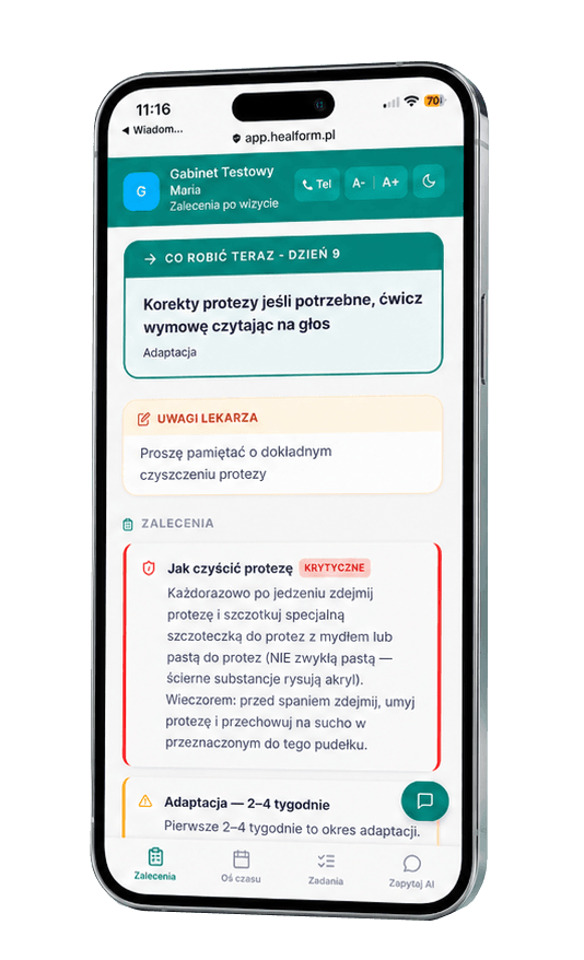 Mobilna karta pacjenta Healform z zaleceniami po zabiegu